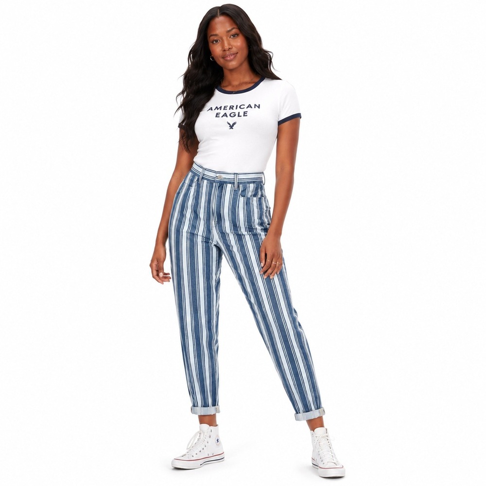 American Eagle Mom Jean Striped Denim Pants Blue White High Rise Tapered Size 2